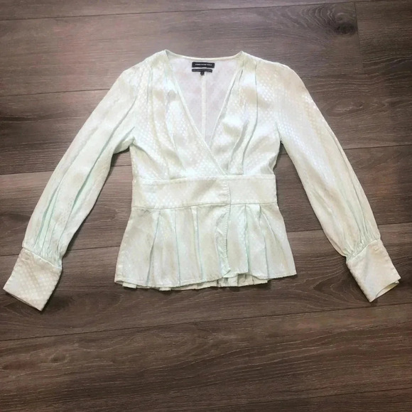 Something Navy Jacquard Wrap Surplice Peplum Mint Green Vneck Blouse Size Small - Picture 10 of 10